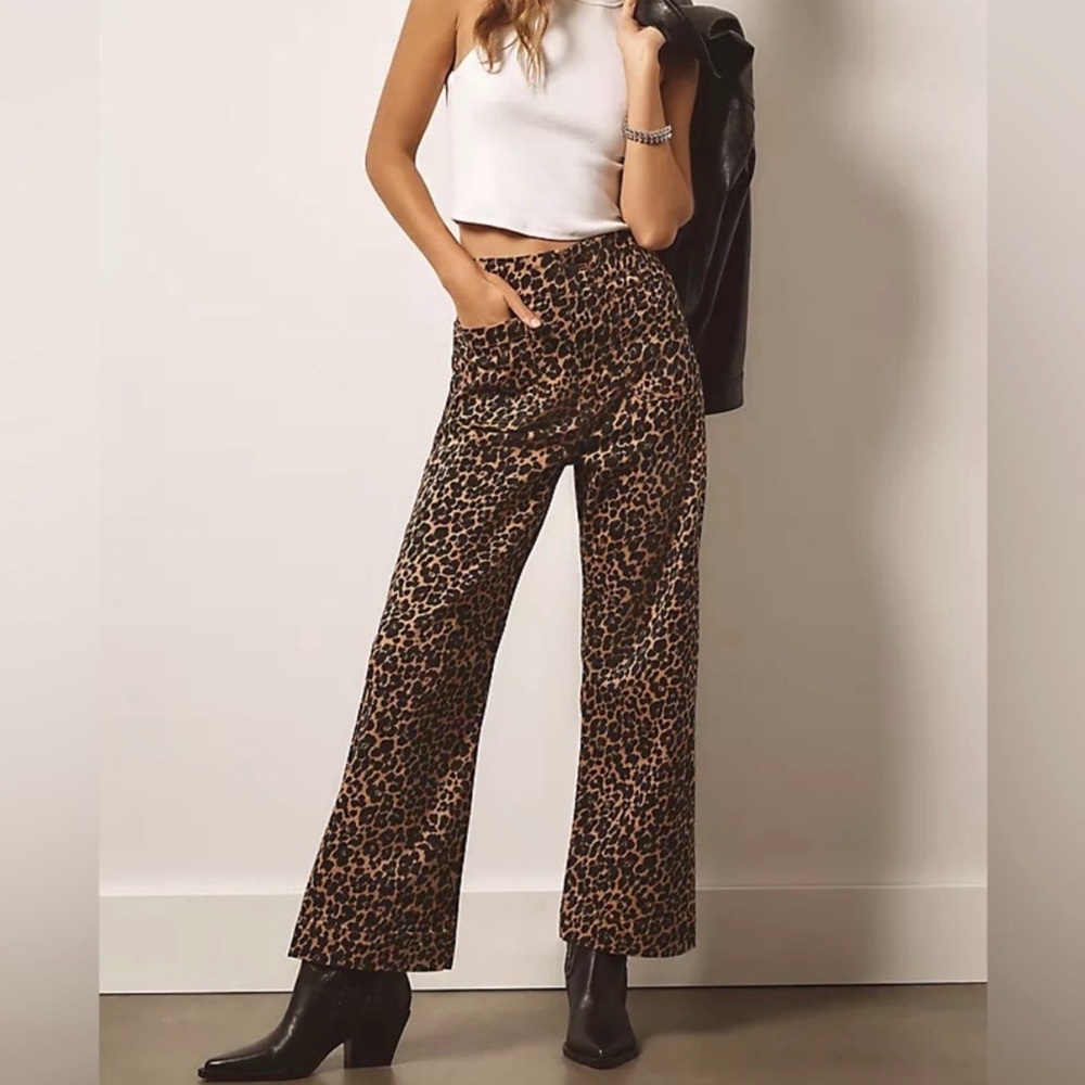 Maeve by Anthropologie The Colette Cropped Animal Print High-Rise Wide-Leg Jeans